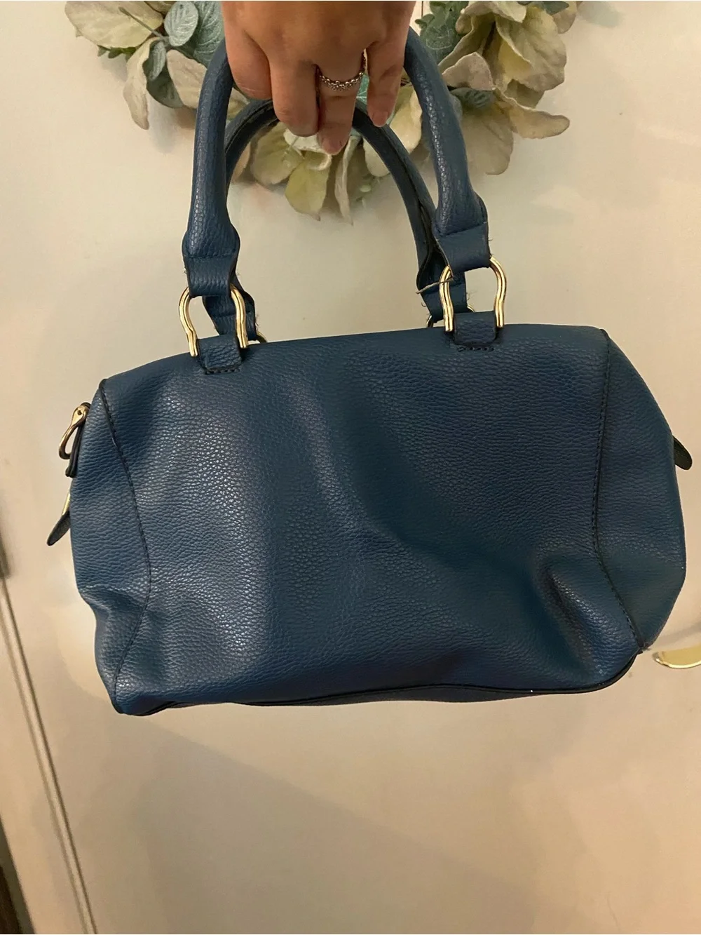 Classic Navy Faux Leather Hand Bag with Gold Hardware